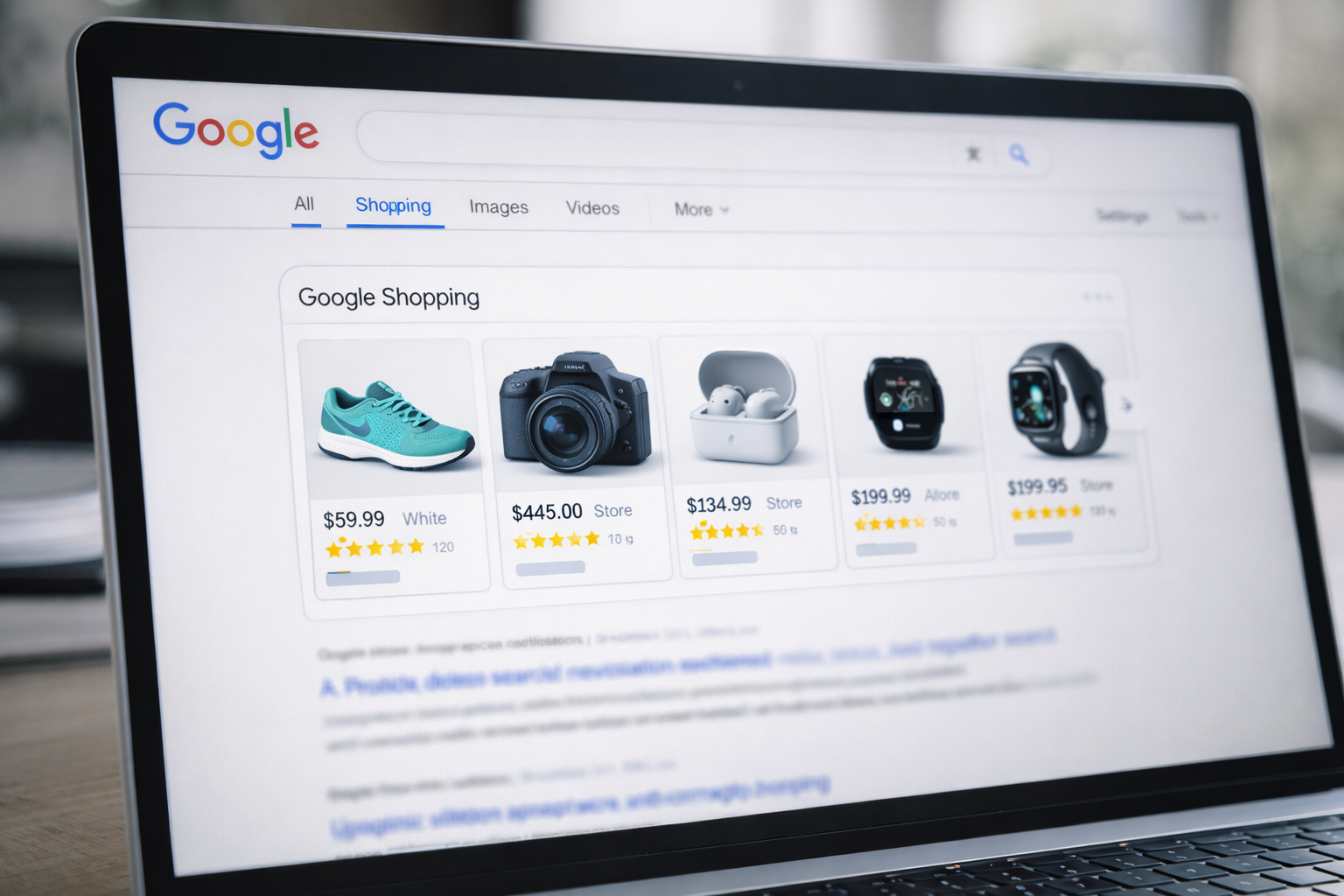 Resultados de Google Shopping mostrando un carrusel de productos con precios, valoraciones y tiendas, visibles directamente en la página de búsqueda de Google.