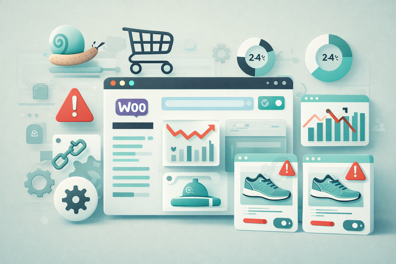 Ilustración de errores comunes de SEO en una tienda WooCommerce, con problemas de enlaces rotos, contenido duplicado y bajo rendimiento en buscadores.