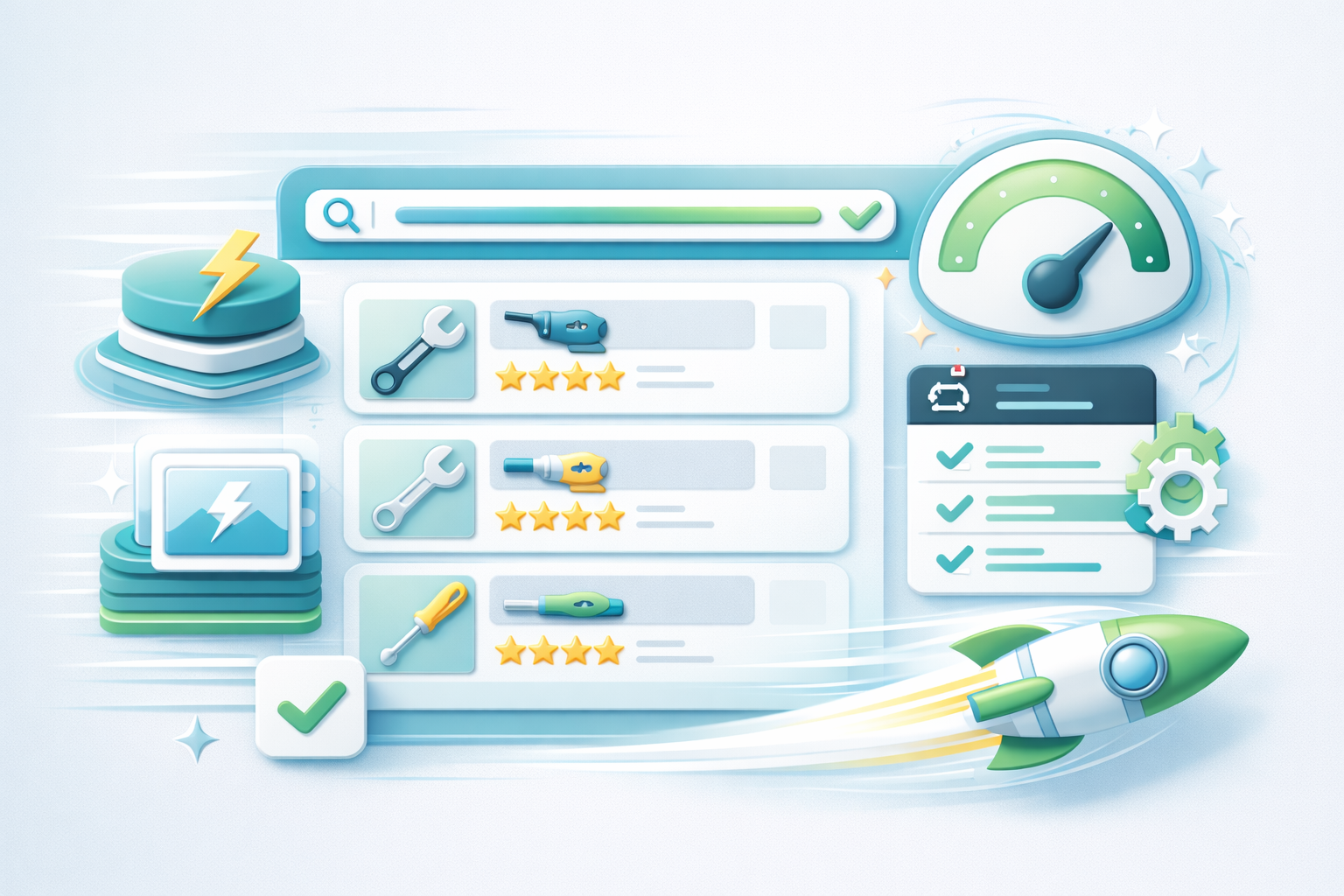 Ilustración de optimización de velocidad y rendimiento en WooCommerce, mostrando una tienda online rápida, eficiente y optimizada para SEO y conversiones.